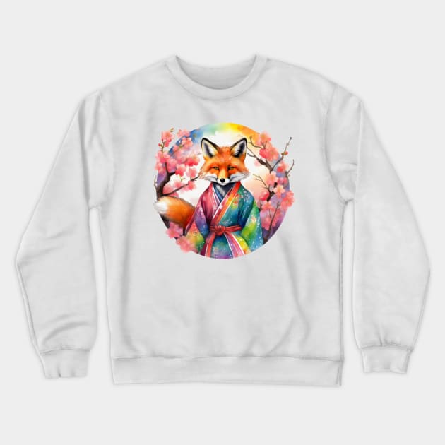 Vibrant Rainbow Kimono Kitsune with Cherry Blossoms Crewneck Sweatshirt by CraftyVixen